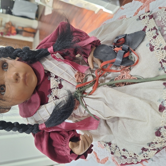 Antiqiu Quilted Cream and Red Doll Dress - Picture 2 of 5